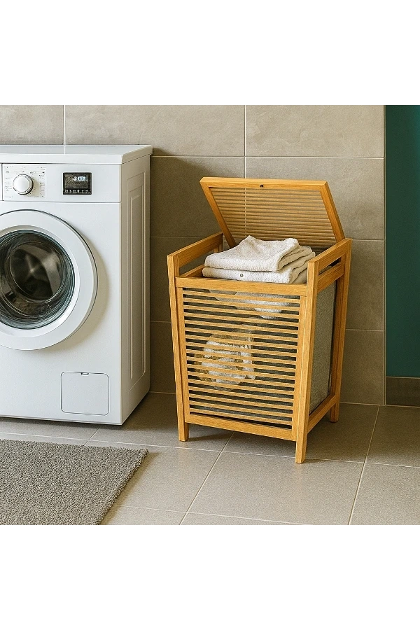 Bidebuvar Orta Boy Ahşap Bambu Kirli Sepeti 40x35x60