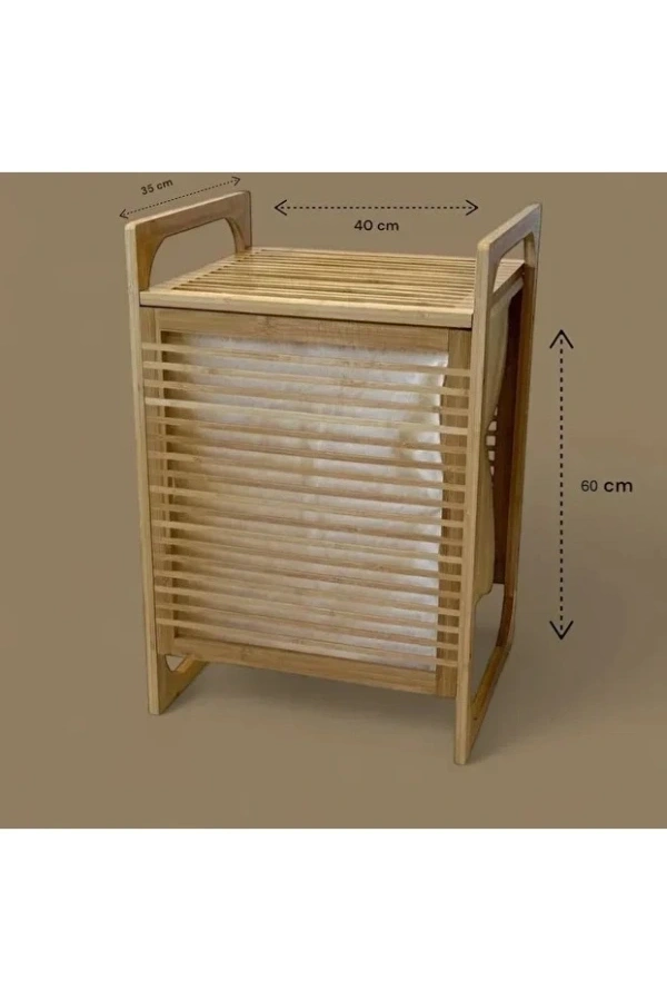 Bidebuvar Orta Boy Ahşap Bambu Kirli Sepeti 40x35x60