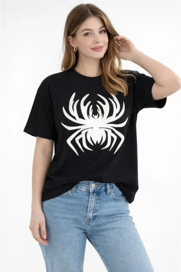 Bidebuvar Örümcek Baskılı Tişört Kısa Kollu Bisiklet Yaka T-Shirt - Siyah