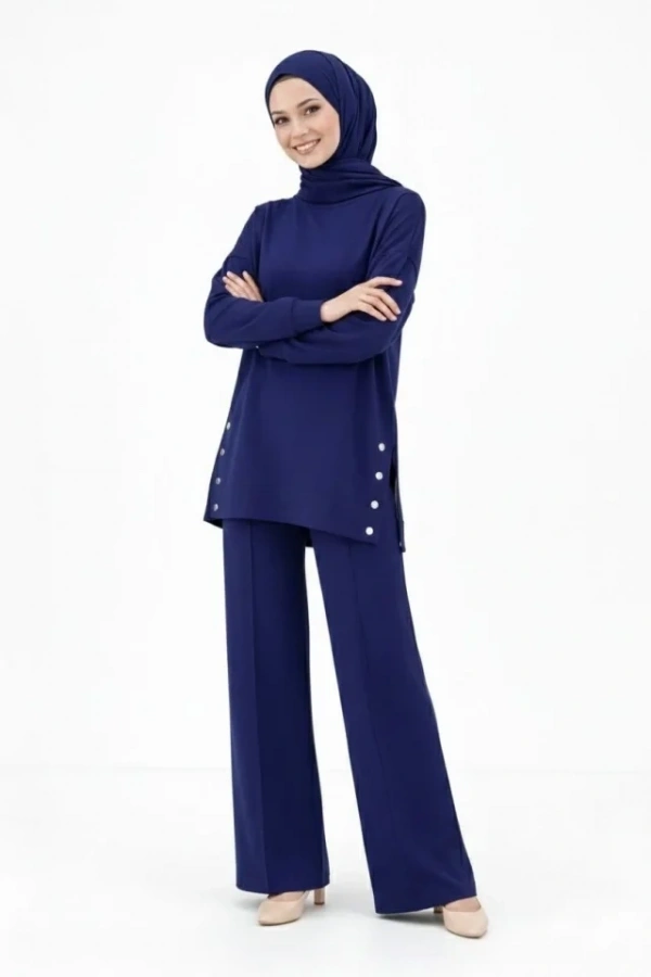 Bidebuvar Osy Modal Yumuşak Dokulu Kumaş Modern Tesettür Takım Yandan Metal Çıtçıtlı Uzun Tunik Pantolon Set Salaş Kalıp - Lacivert