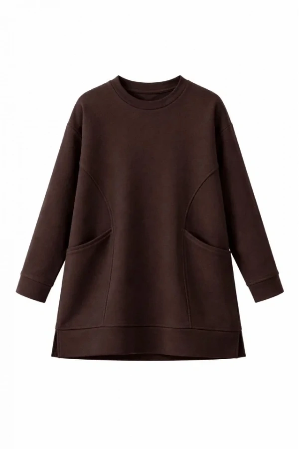 Bidebuvar Osy Modal Yumuşak Dokulu Kumaş Tesettür Cepli Tunik Pantolon Takım - Kahverengi