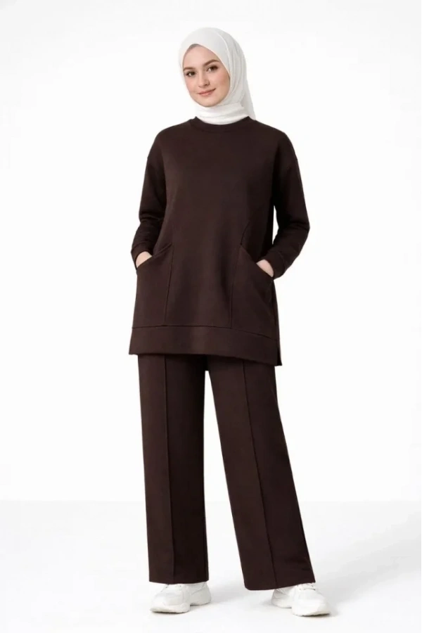 Bidebuvar Osy Modal Yumuşak Dokulu Kumaş Tesettür Cepli Tunik Pantolon Takım - Kahverengi