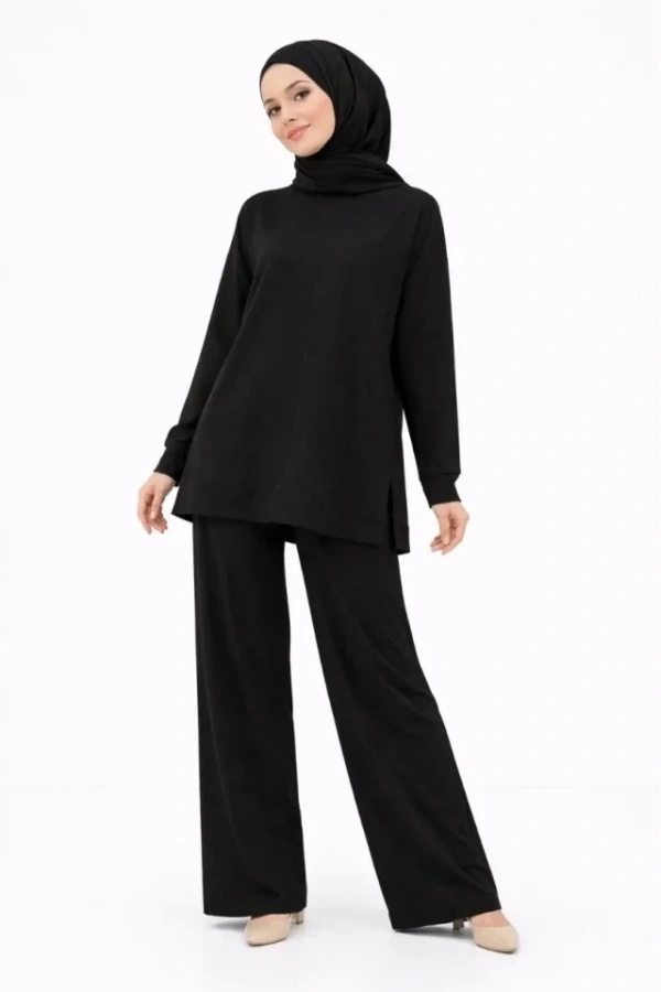 Bidebuvar Osy Modal Yumuşak Dokulu Tesettür İkili Takım Yan Yırtmaçlı Uzun Tunik Ve Düz Paça Pantolon, Salaş Kalıp - Siyah