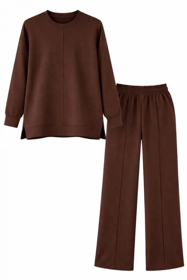 Bidebuvar Osy Modal Yumuşak Dokulu Tesettür İkili Takım Yan Yırtmaçlı Uzun Tunik Ve Düz Paça Pantolon, Salaş Kalıp - Kahverengi