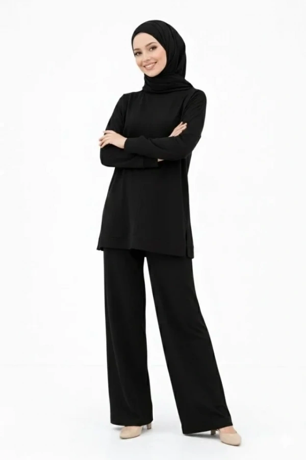 Bidebuvar Osy Modal Yumuşak Dokulu Tesettür İkili Takım Yan Yırtmaçlı Uzun Tunik Ve Düz Paça Pantolon, Salaş Kalıp - Siyah