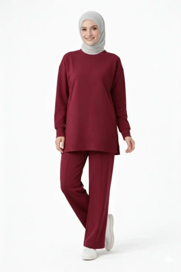 Bidebuvar Osy Modal Yumuşak Dokulu Tesettür İkili Takım Yan Yırtmaçlı Uzun Tunik Ve Düz Paça Pantolon, Salaş Kalıp - Bordo