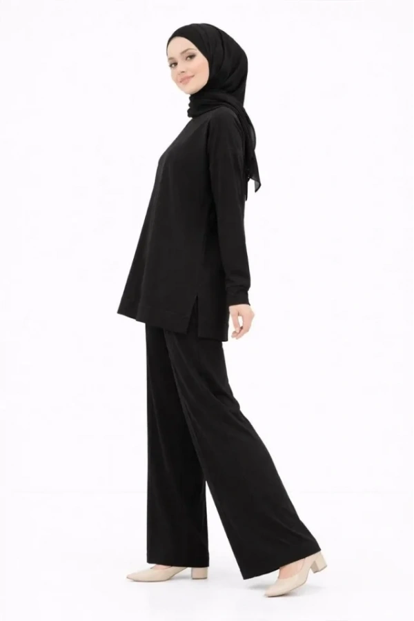 Bidebuvar Osy Modal Yumuşak Dokulu Tesettür İkili Takım Yan Yırtmaçlı Uzun Tunik Ve Düz Paça Pantolon, Salaş Kalıp - Siyah