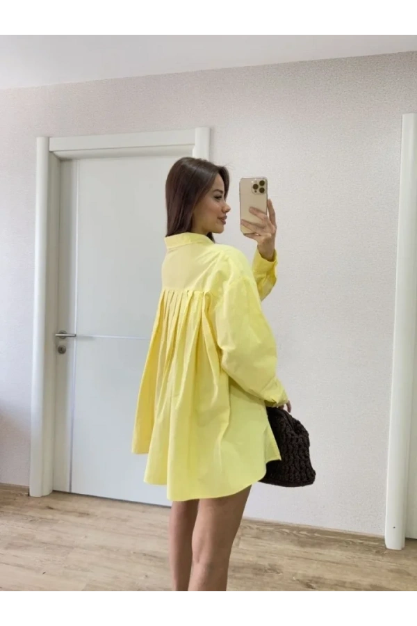 Bidebuvar Oversize Pens Detaylı Cepli Yırtmaçlı Rahat Kalıp Poplin Gömlek - Sarı