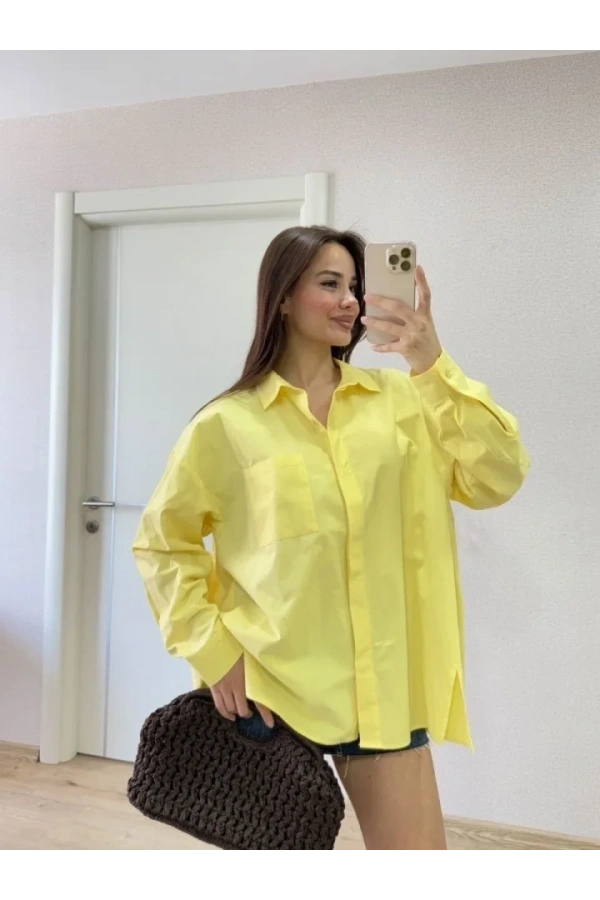 Bidebuvar Oversize Pens Detaylı Cepli Yırtmaçlı Rahat Kalıp Poplin Gömlek - Sarı