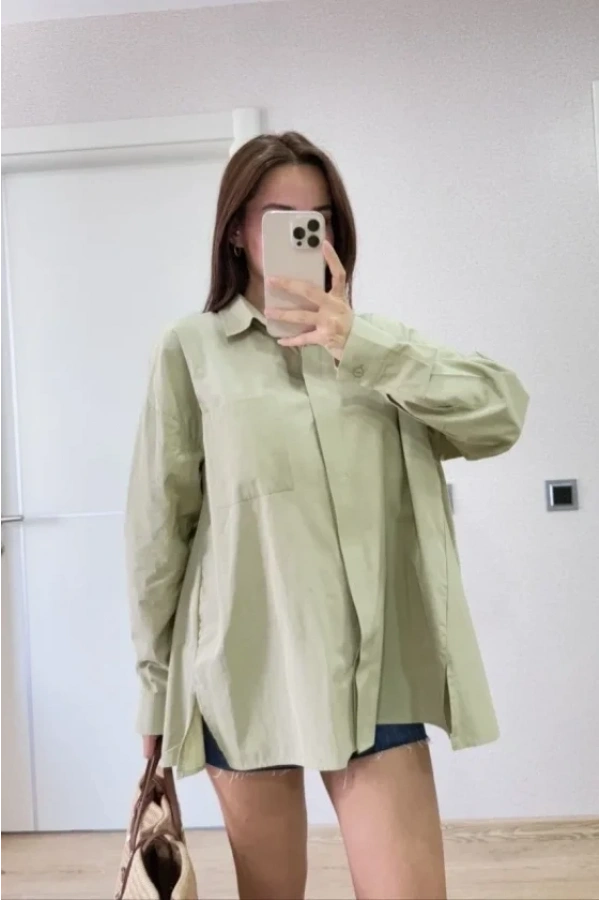 Bidebuvar Oversize Pens Detaylı Cepli Yırtmaçlı Rahat Kalıp Poplin Gömlek - Yeşil