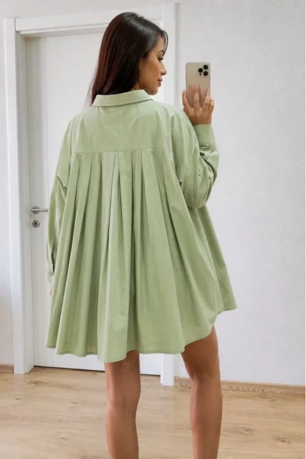 Bidebuvar Oversize Pens Detaylı Cepli Yırtmaçlı Rahat Kalıp Poplin Gömlek - Yeşil