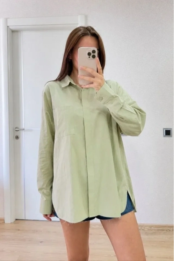 Bidebuvar Oversize Pens Detaylı Cepli Yırtmaçlı Rahat Kalıp Poplin Gömlek - Yeşil