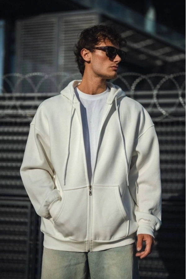 Bidebuvar Oversize Tam Fermuarlı Uzun Kol Hırka - Beyaz