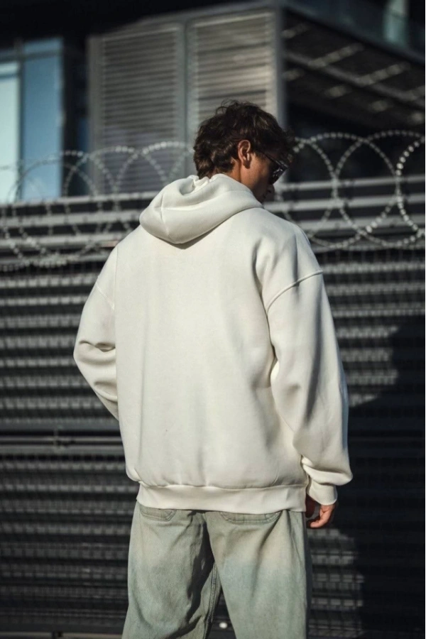 Bidebuvar Oversize Tam Fermuarlı Uzun Kol Hırka - Beyaz