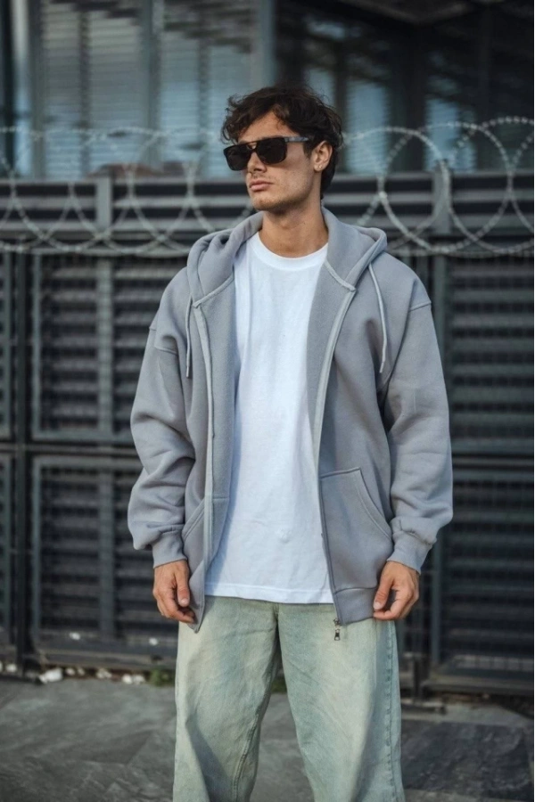 Bidebuvar Oversize Tam Fermuarlı Uzun Kol Hırka - Gri