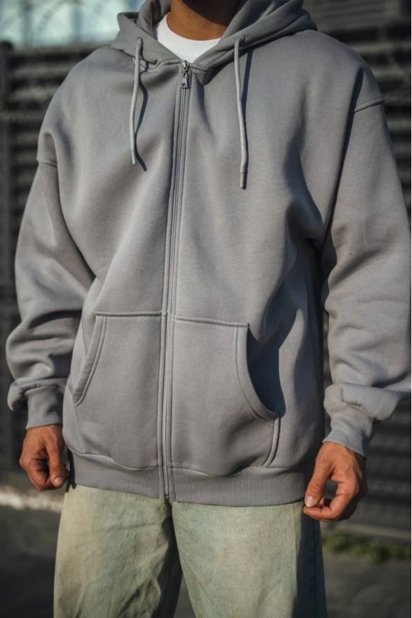 Bidebuvar Oversize Tam Fermuarlı Uzun Kol Hırka - Gri