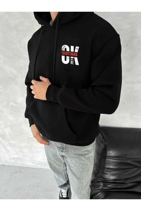 Bidebuvar Oversize Üç İplik Kapşonlu SweatShirt - Siyah