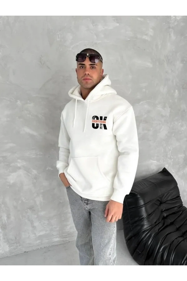 Bidebuvar Oversize Üç İplik Kapüşonlu SweatShirt - Beyaz