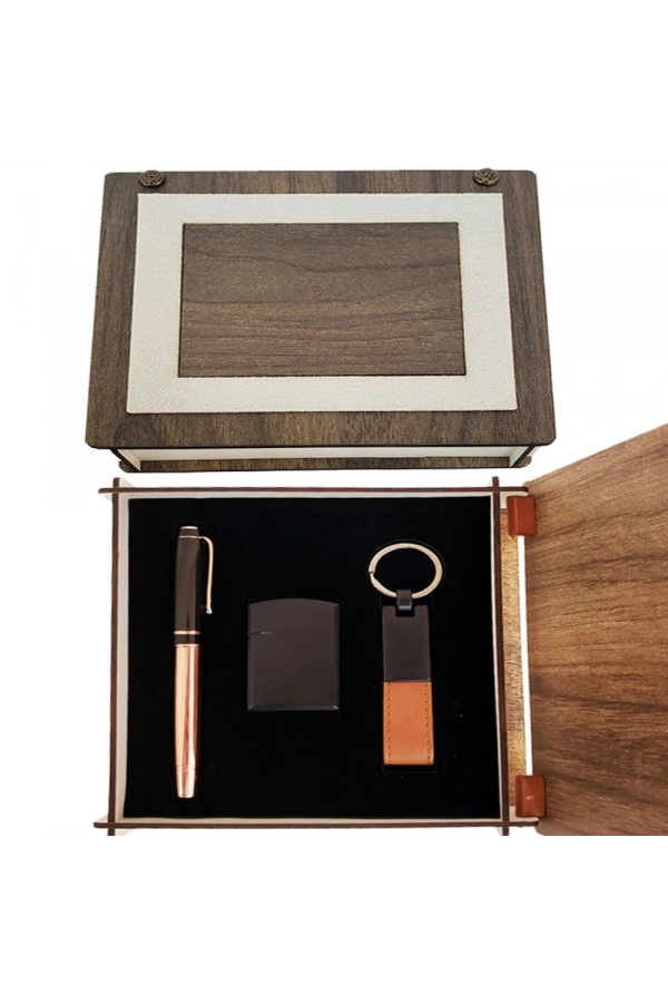 Bidebuvar Özel Ahşap Kutulu Bakır Roller Kalem, Anahtarlık ve Çakmak Set
