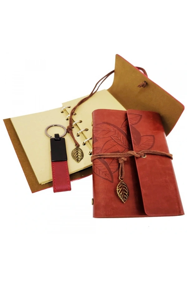 Bidebuvar Özel Ahşap Kutulu Kiremit Rengi Deri Defter ve Anahtarlık Set