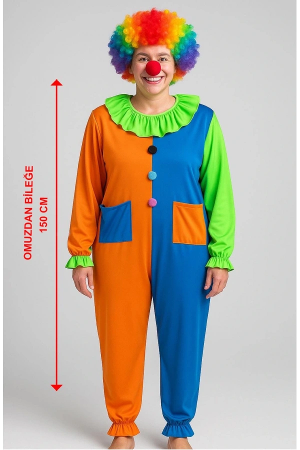 Bidebuvar Palyaço Kostüm Seti 150 cm (Peruk + Burun + Kostüm)