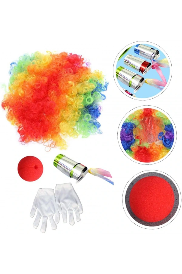 Bidebuvar Palyaço Saç, Burun, Eldiven, Baston Seti 4lü
