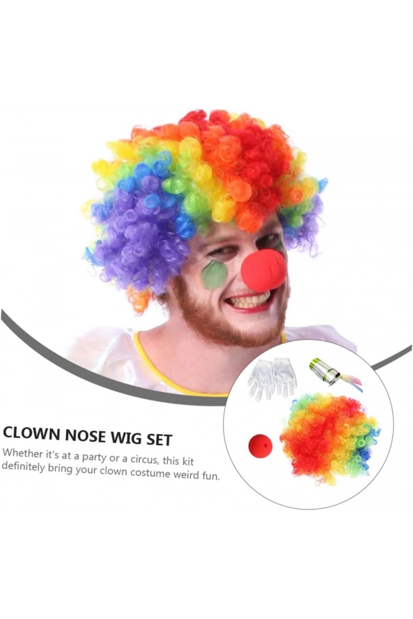 Bidebuvar Palyaço Saç, Burun, Eldiven, Baston Seti 4lü