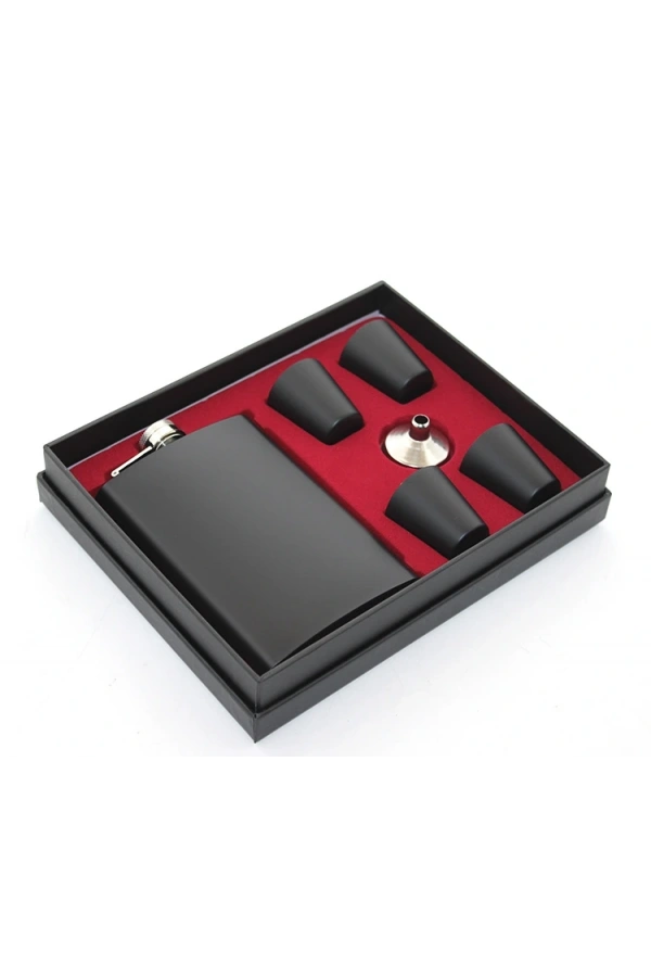 Bidebuvar Paslanmaz Çelik 4 Shot Bardaklı Matara Seti Siyah Renk