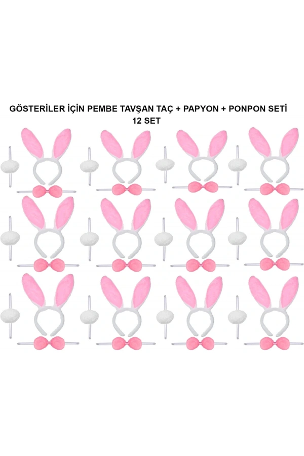 Bidebuvar Pembe Tavşan Kostüm Seti – Taç, Papyon, Ponpon (12’li Paket)