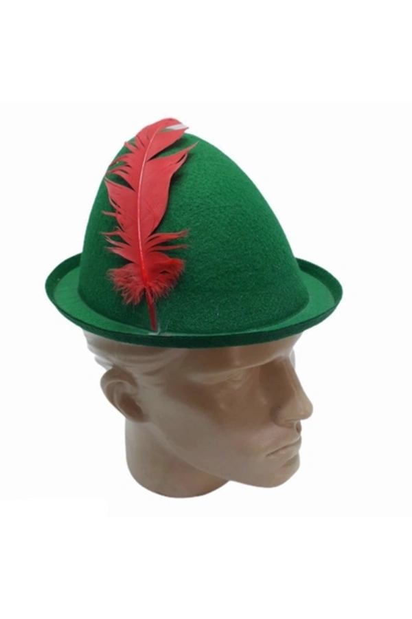 Bidebuvar Peter Pan Şapkası Yeşil Renk Kırmızı Tüylü