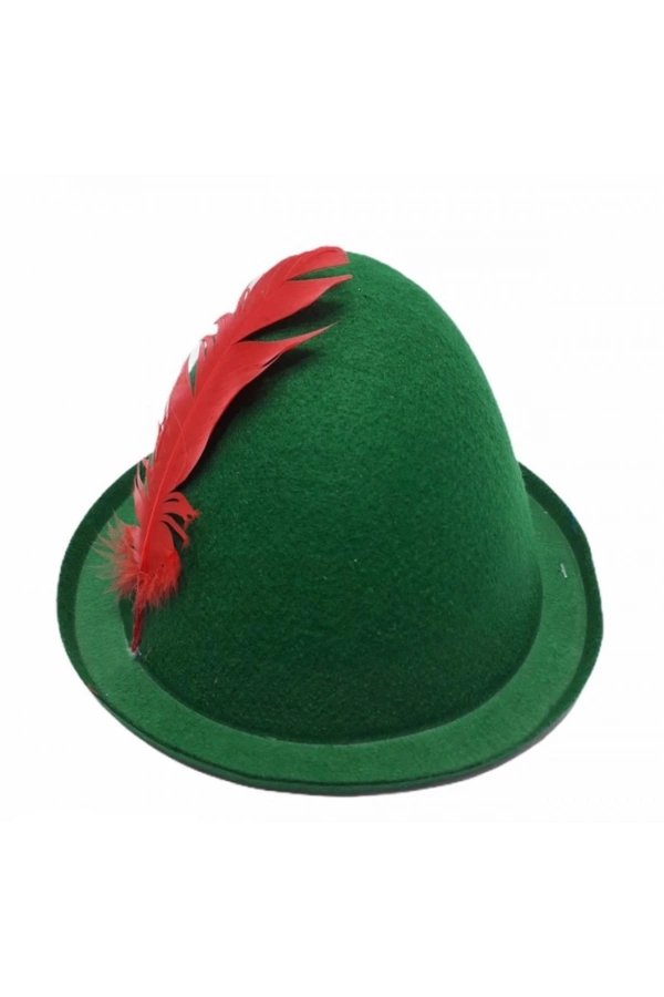 Bidebuvar Peter Pan Şapkası Yeşil Renk Kırmızı Tüylü