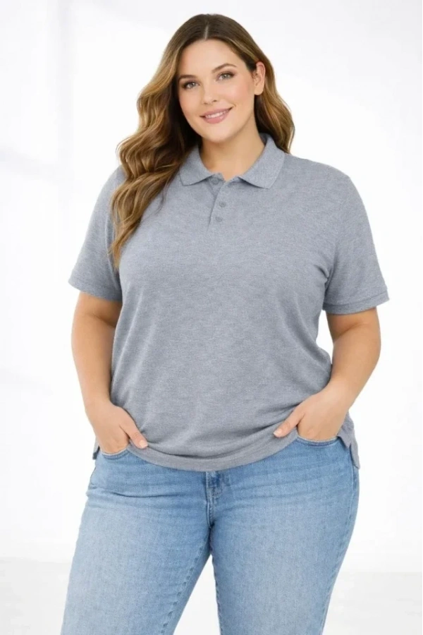 Bidebuvar Pike Kumaş Düğmeli Yaka Battal Büyük Beden Günlük Kısa Kol Tişört T-shirt - Gri