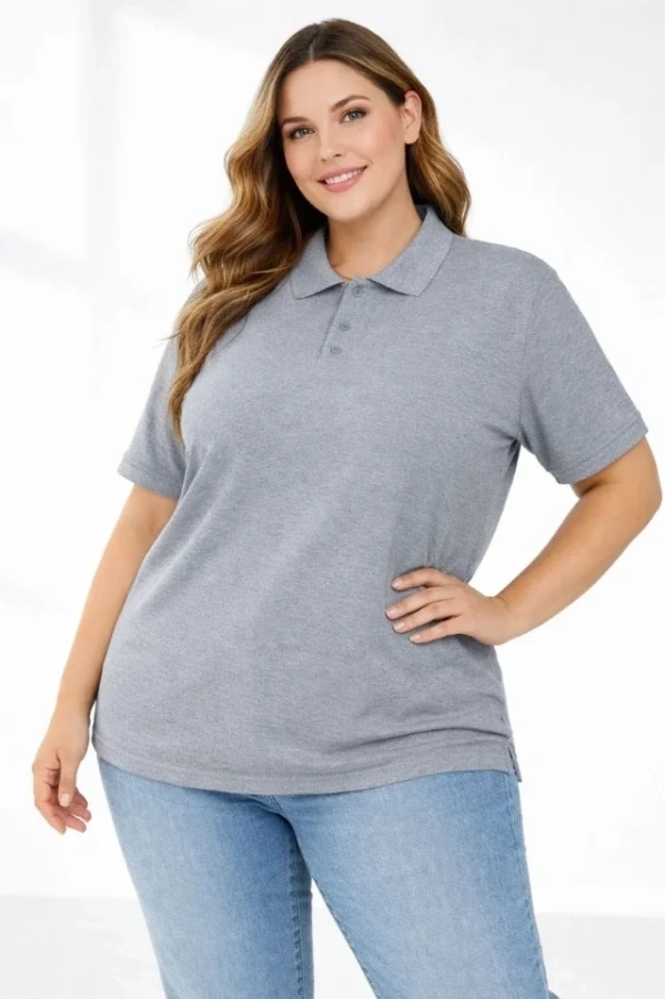 Bidebuvar Pike Kumaş Düğmeli Yaka Battal Büyük Beden Günlük Kısa Kol Tişört T-shirt - Gri