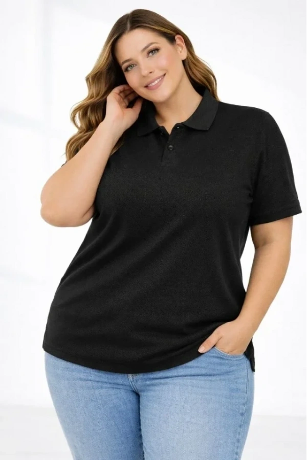 Bidebuvar Pike Kumaş Düğmeli Yaka Battal Büyük Beden Günlük Kısa Kol Tişört T-shirt - Siyah