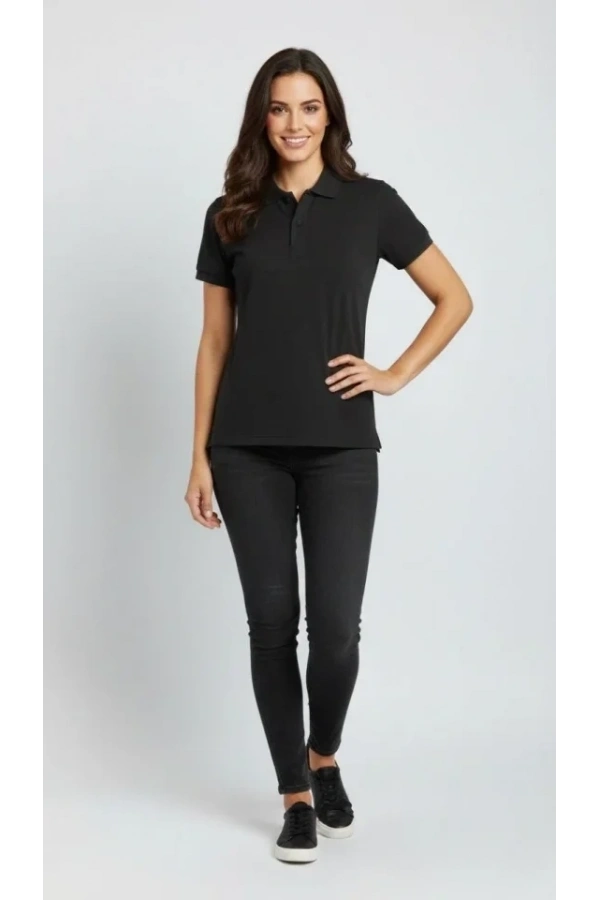 Bidebuvar Pike Kumaş Düğmeli Yaka Regular Rahat Günlük Kısa Kol Tişört T-shirt - Siyah