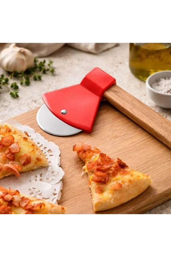 Bidebuvar Pizza Kesici - Balta Tasarımlı - Ahşap Saplı - Paslanmaz Çelik Bıçaklı