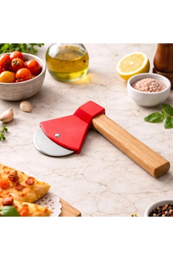 Bidebuvar Pizza Kesici - Balta Tasarımlı - Ahşap Saplı - Paslanmaz Çelik Bıçaklı
