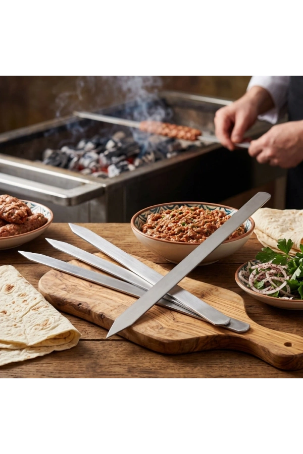 Bidebuvar Profesyonel Adana Kebap Şişi - 60 cm - Yassı Metal - Mangal Ekipmanı