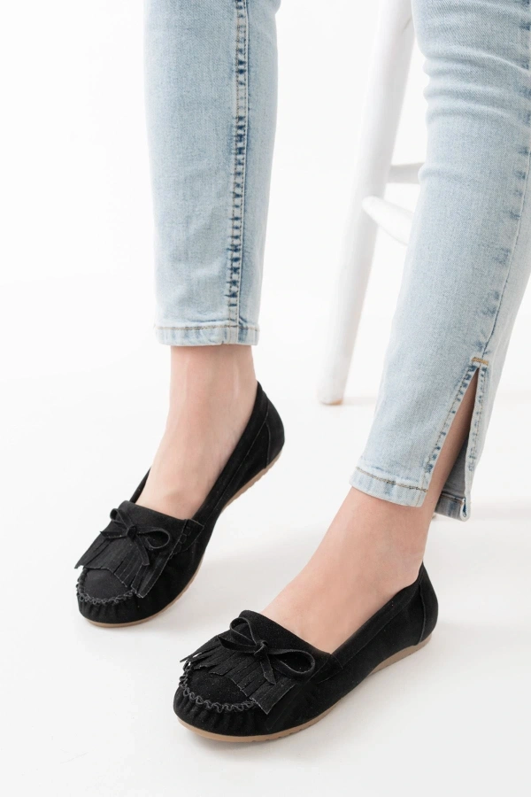 Bidebuvar PS-100 Siyah Süet Püsküllü Günlük Kadın Babet