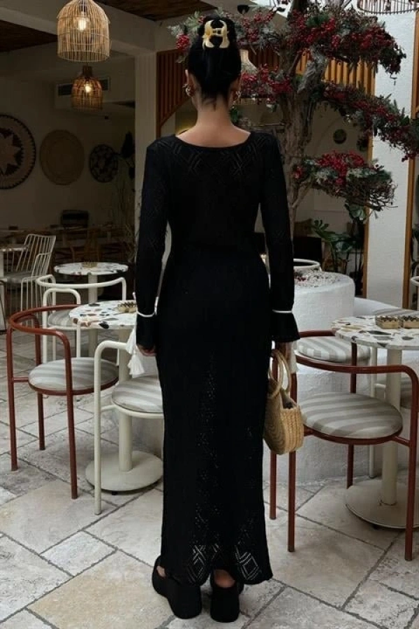 Bidebuvar Püskül Bağcık Detaylı V Yaka Ajurlu Elbise 2850