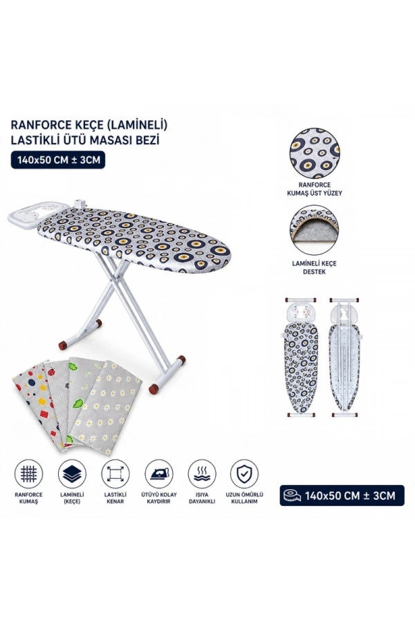 Bidebuvar Ranforce Keçe Ütü Masası Bezi - Lastikli - Lamineli - 140x50 cm