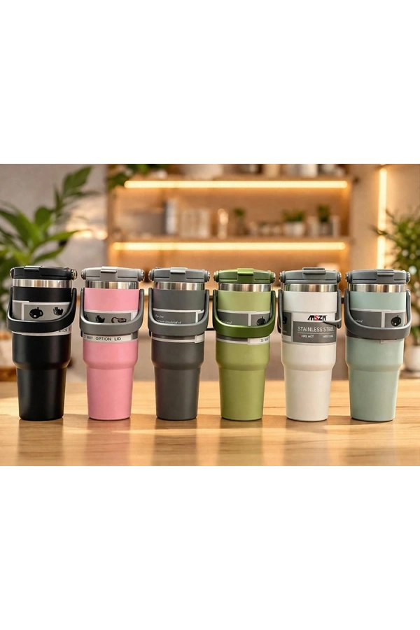 Bidebuvar Renkli 700 ml Taşıma Kulplu Paslanmaz Çelik Termos Mug Bardak