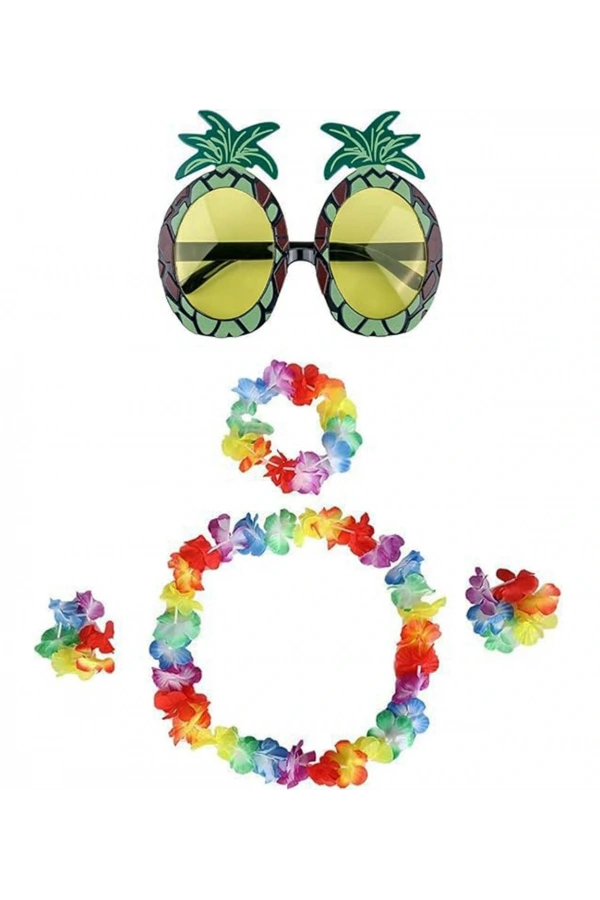 Bidebuvar Renkli Ananas Gözlük, Taç, Kolye ve Bileklik Seti