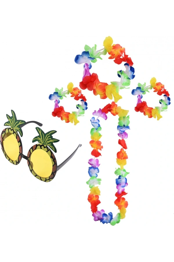 Bidebuvar Renkli Ananas Gözlük, Taç, Kolye ve Bileklik Seti