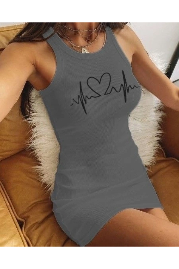 Bidebuvar Ritim Kalp Baskılı Sıfır Kol Kaşkorse Elbise