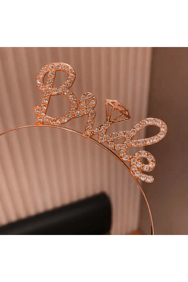 Bidebuvar Rose Gold Renkli Taşlı “Bride” Gelin Tacı