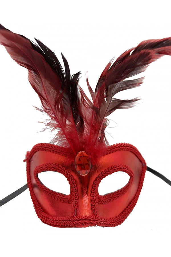 Bidebuvar Rugan Kaplama Kırmızı Tüylü Parti Maskesi