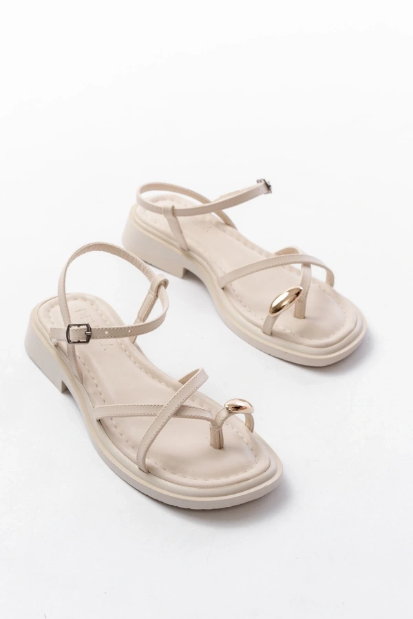 Bidebuvar S-101 Bej Parmak Arası Taş Detaylı Günlük Kadın Sandalet