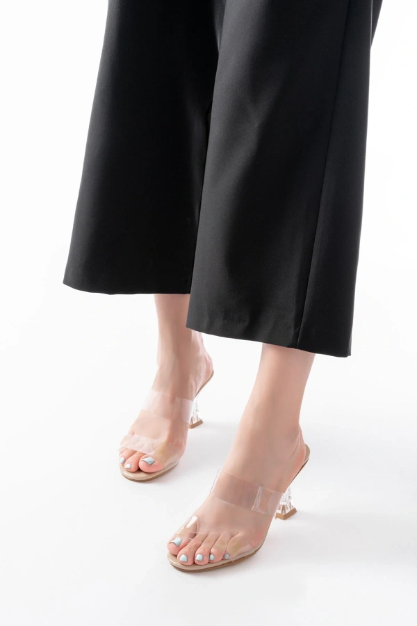 Bidebuvar S-618 Bej Rugan Çift Bantlı Topuklu Kadın Terlik