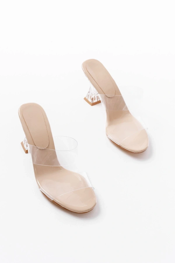 Bidebuvar S-618 Bej Rugan Çift Bantlı Topuklu Kadın Terlik